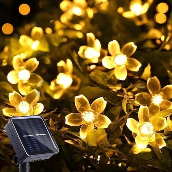 Solar lys krans med vanntette utendørs blomster 50 LED for hage, hus, terrasse, fest (varm hvit)