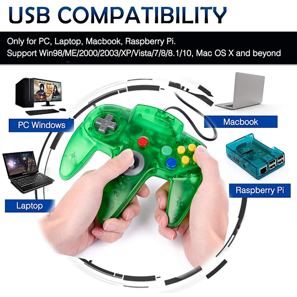 Klassisk USB-kontroller för N64-spel, USB Retro N64 Gamepa Green