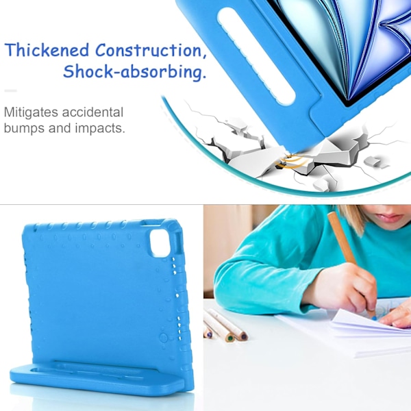 Lasten suojakotelo iPad Pro 11 2024 (M4) -mallille, iskunkestävä kotelo kynätelineellä, Techcircle-kahvateline, kevyt EVA-vaahtomuovipuskuri, suojaava Ru Blue iPad proair 11