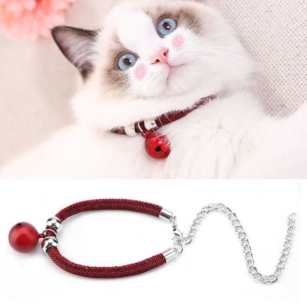 Japansk stil kæledyr halskæde nylon tilbehør forsyning kat klokke krave med forlængerkæde Red