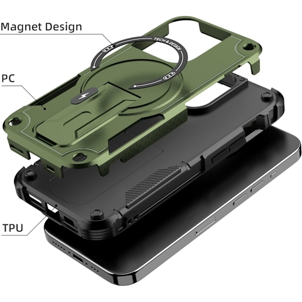 Magnetisk iPhone-etui med Stativ, Kompatibel med MagSafe, Robust Indbygget Støttefod, Militær Grade Støddæmpning til iPhone Green iPhone 11