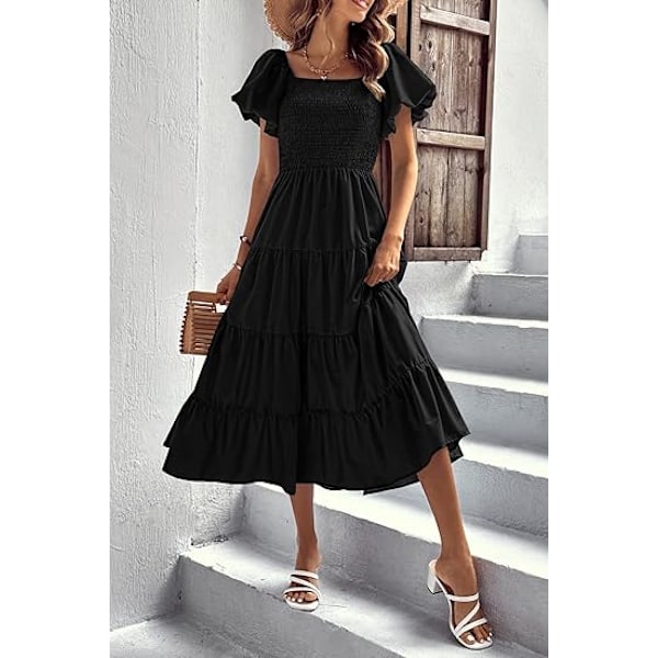 Dame 2025 Sommer Casual Midi Kjole Puf Korte Ærmer Firkantet Hals Smock Tiered Flæsekjoler XL
