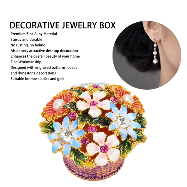 Blomkorg smyckeskrin utsökt vintage handmålad metall prydnadsask med strass för ring örhänge smycken