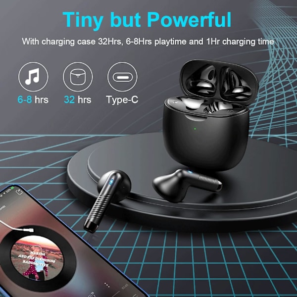 Langattomat nappikuulokkeet, Bluetooth 5.3 -kuulokkeet, stereobasso, Bluetooth-kuulokkeet korvan sisään, melunvaimennusmikrofoni, kuulokkeet IP7-vedenpitävät urheiluun, 32 tunnin toistoaika Black