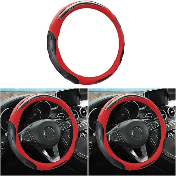 Rattöverdrag i Läder, Bil Ratt Skydd med Stretch, Universal 15 Tum Halkfritt Andningsbart Luktfritt Ratt Black/Red