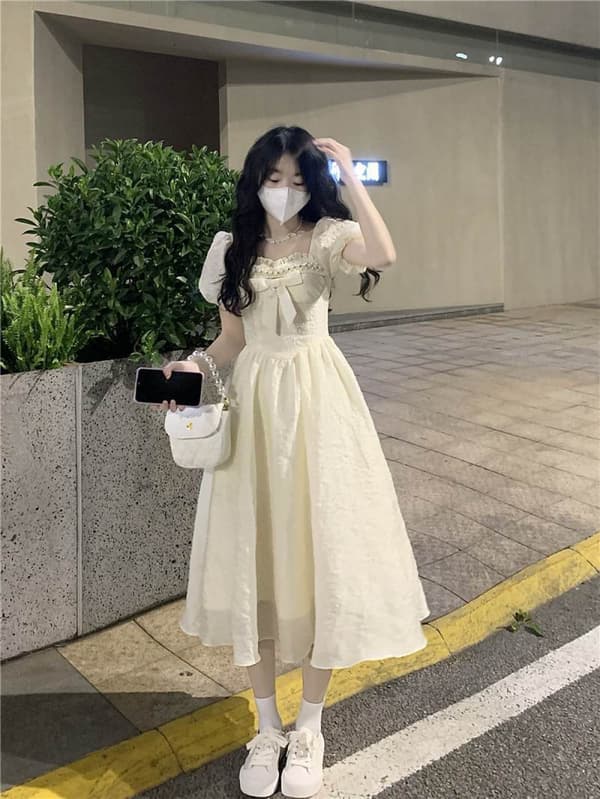 Love Waist Bubble Sleeve Square Neck DressTEN (Aprikos S)