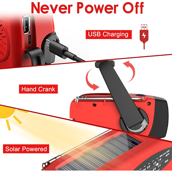 Hätäkäyttöinen käsikäyttöinen radio LED-taskulampulla hätätilanteisiin, AM/FM NOAA -sääradio 2000 mAh:n virtapankilla puhelimen lataukseen, USB-lataus ja aurinkoenergia Red
