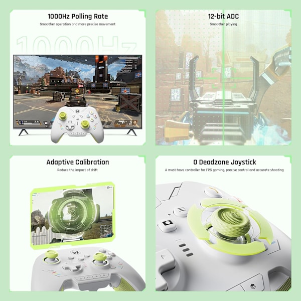 Trådløs Controller, BIGBIG WON Rainbow 2 SE, Hall Effect Trigger, 12-bit ADC, 3 Sæt Joysticks, 4-vejs & 8-vejs D-pad Controller til Switch/PC/Android/iOS Green