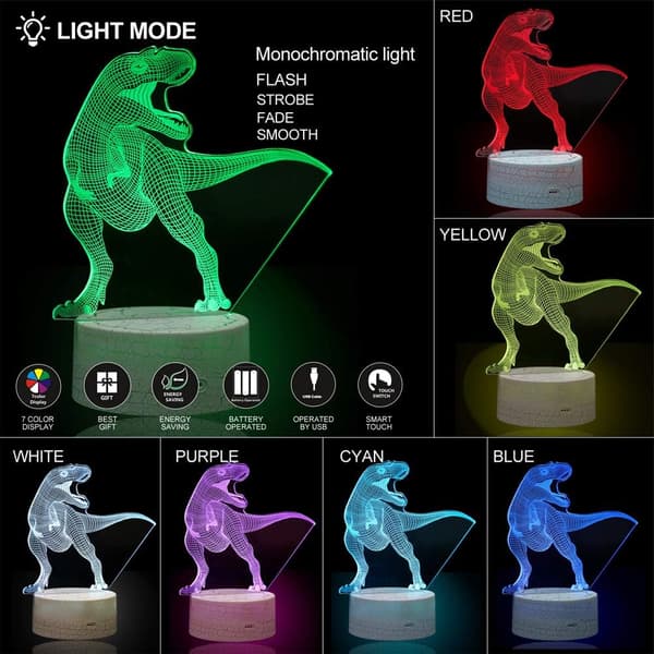3D Dinosaur Optisk Illusjon Nattlys 16 LED Farge Changi