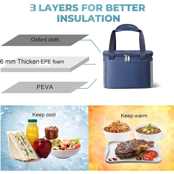 2 stk. Sort og blå tyk genanvendelig isoleret frokostpose til kvinder og mænd rejse picnic og frokostboks (lille, sort og blå) Black and Blue Small