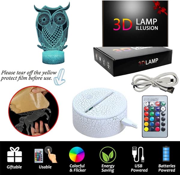 3D Ugle Nattlys, LED Illusjonslamper Fjernkontroll Gave I