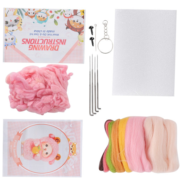 Nålfiltning Färgglad Fårdocka DIY Tillverkningsmaterialpaket med Ritningar och Poke Tool204# Rosa