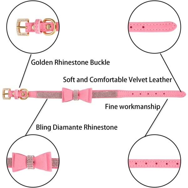 Crystal Hundhalsband med fluga Rhinestone Valphalsband Bli Pink 30x1.5cm