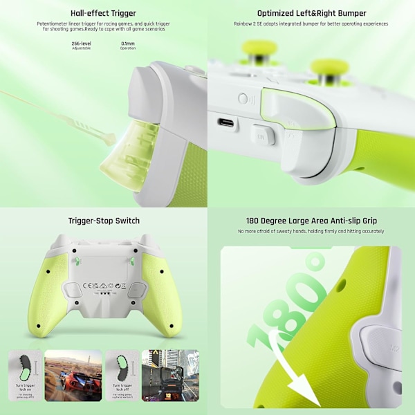 Trådløs Controller, BIGBIG WON Rainbow 2 SE, Hall Effect Trigger, 12-bit ADC, 3 Sæt Joysticks, 4-vejs & 8-vejs D-pad Controller til Switch/PC/Android/iOS Green
