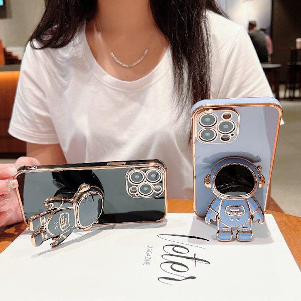 6D Elektroplet Astronaut Skjult Stativ Etui til iPhone Kvinder Astronaut Foldbart Stativ iPhone Etui med Kamera Beskytter Blød TPU Stødsikker Bumper Blue iPhone 11 Pro Max