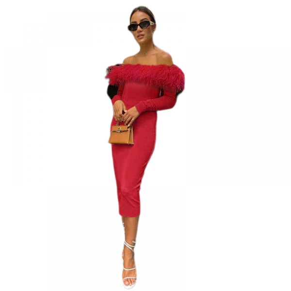 Bodycon-mekko, pitkähihainen, avoin selkä, syksyinen mekko (punainen, M)