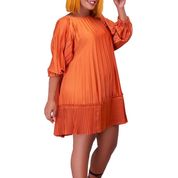 Short Sleeve High Waist Belted A Line Short Dress(Orange M)