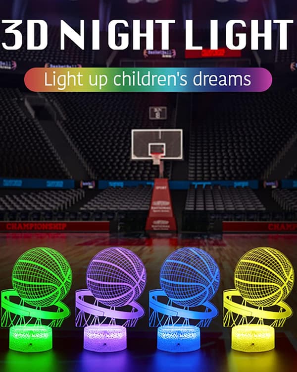Basketball Nattlys, 3D Illusjon LED Lampe, 16 Farger Dimmbar