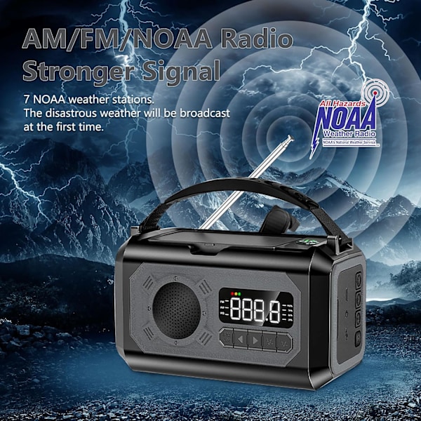 12000mAh Käsikäyttöinen Hätäradio, AM/FM/NOAA, Monitoiminen Aurinkoenergialla Toimiva Radio, 2 Aurinkopaneelia, USB-Lataus, Taskulamppu & LED-Lukuvalo, SOS-Hälytin Grey
