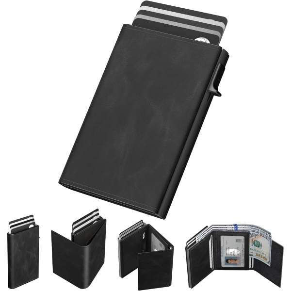 Plånbok för män med kortfodral: Pop-up aluminiumfodral, premium äkta läder, smart, RFID-blockering, slimmad, minimalistisk, framficka - Kapacitet för 9-14 kort | I ‏‏‎ ‎‎Black