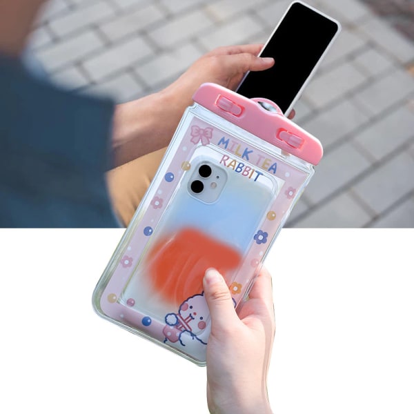 Vandtæt telefontaske tegneserie Cute Sensitive Touch Transparent telefontaske med snor til drivende svømning dykning Pink Rabbit