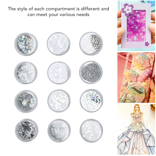 12 rutnät glitter paljetter set handgjorda DIY nagelkonst glitter paljetter dekaler set 3D nagelkonst dekorationer Silver
