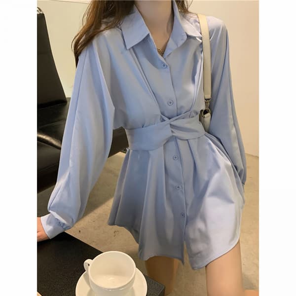 riped Belted Button up Collar Summer Short Shirt Dress(Blå)