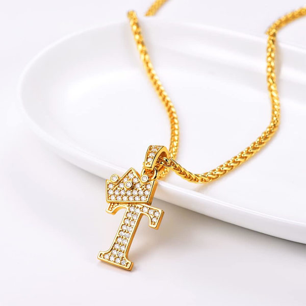 Krone Initial A-Z Halskæde, Iced Out Bogstav Vedhæng med 22-24 Tommer Kæde, Mænd Kvinder Bling Hip Hop Alfabet Navn Smykker Gave Store Initialer Halskæder T 18K Gold