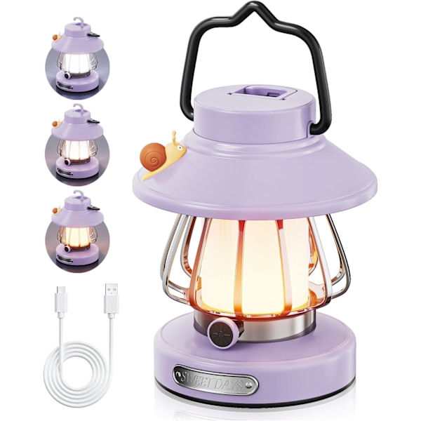 LED-uppladdningsbar vintage hästlampa, söt utomhuscampinglampa, bärbar minisnigellampa, ny ponnylampa med 3-lägesdimning och minnesfunktion. Purple