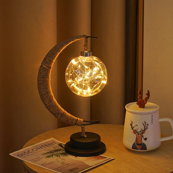 Varmhvit LED Måneformet Lampe Hampetau Jernrottingkule