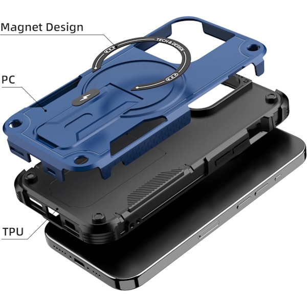 Magneettinen iPhone-kotelo telineellä, yhteensopiva MagSafen kanssa, kestävä sisäänrakennettu teline, sotilasluokan pudotusturva iskunkestävä iPhoneille Blue iPhone 14