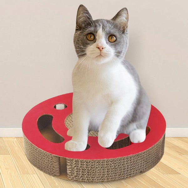 Kradsebræt til katte, 3 i 1, interaktivt, tykt, bølget, med klokkekugle Red