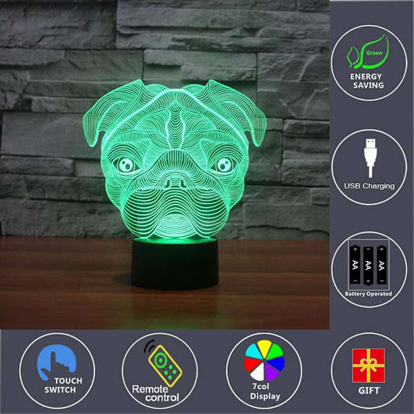 3D optisk illusion mops hund sensor nattlampa med smart till