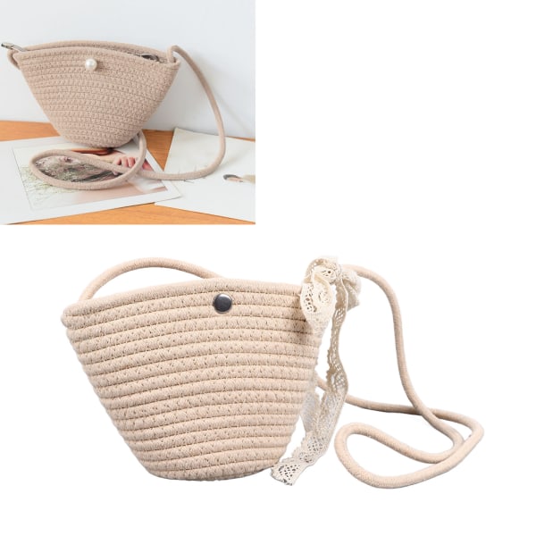 Handvävd axelväska i bomullsrep, lätt, stor kapacitet, retro-stil, handvävd strandväska för fest, resor, shopping