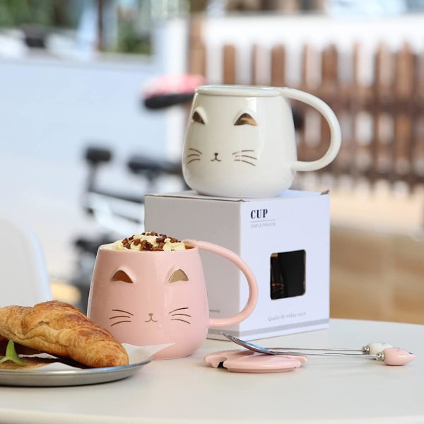Katt Krus Søt Kaffekrus gave til katteelskere Keramisk Kopp, Nyhet Krus med Lokk og Rustfritt Stål Skje, Jule Bursdagsgaver P Pink