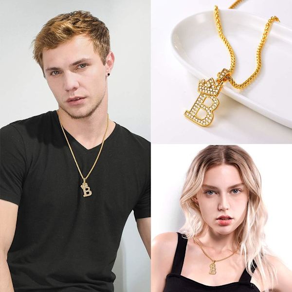 Krone Initial A-Z Halskæde, Iced Out Bogstav Vedhæng med 22-24 Tommer Kæde, Mænd Kvinder Bling Hip Hop Alfabet Navn Smykker Gave Store Initialer Halskæder B 18K Gold