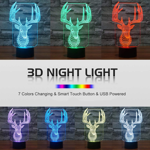 3D Illusion Lamp LED Deer Nattljus Djur Leksaker 7 Färg Ch
