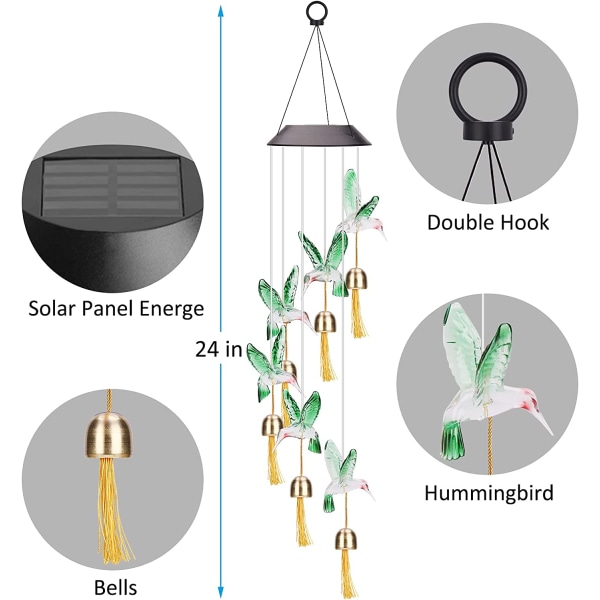 Solar Hummingbird tuulikellot, vedenpitävät Hummingbirds väriä muuttavat LED aurinkolamput lahjat Gralle
