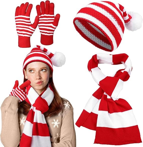 Vinter Jul Stickad Mössa Halsduk Handskar Set - Festlig Tomte/Alv Stil Varma Tillbehör för Julklappar B