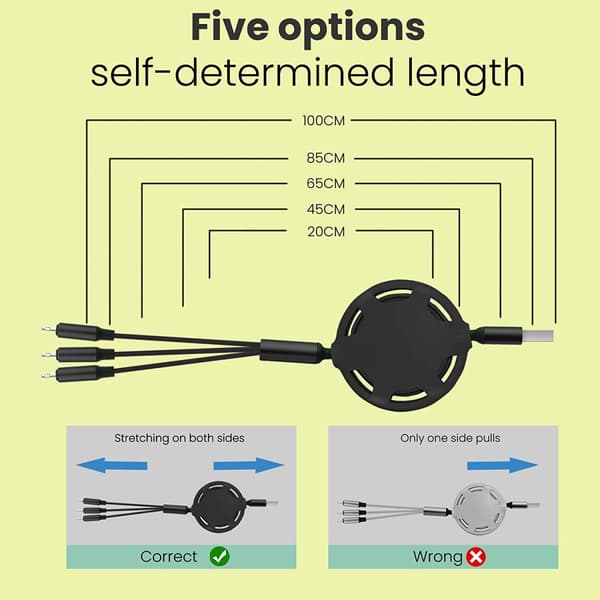 3-i-1 Universal Uttrekkbar USB-ladekabel, 1 meter