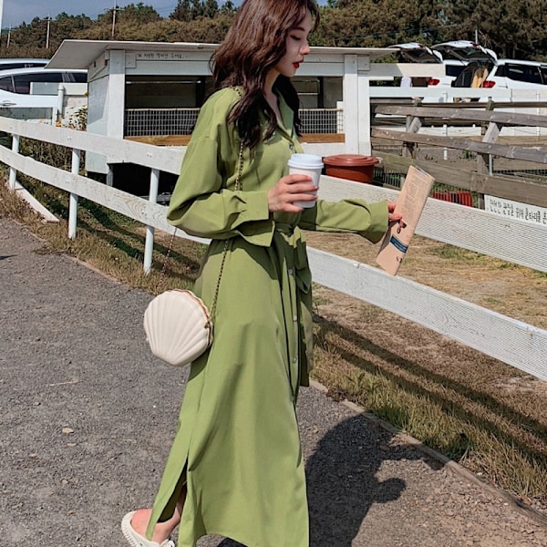 Efterår Ny Fashion Show Tynd Fløjl Kjole Splidning(Grøn M)