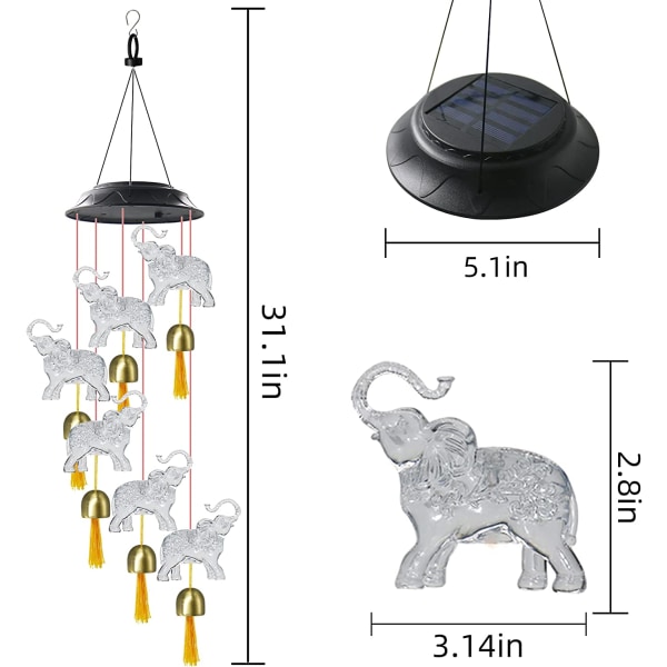 Vindspel, Elefant Solcells Vindspel för Utomhus med 6 Klockor, Vattentät LED Solcells Drivna Memor