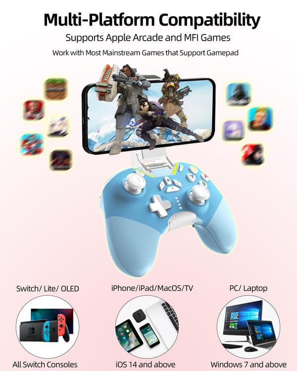 iPhone-controller med telefonklemme, trådløs Bluetooth-spilcontroller til iPhone/Apple Arcade MFi-spil/PC/Switch/Steam med makro/lås joystick Sp Blue