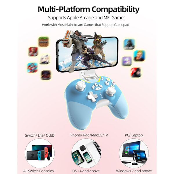 iPhone-kontroller med telefonklämma, trådlös Bluetooth-spelkontroll för iPhone/Apple Arcade MFi-spel/PC/Switch/Steam med makro/lås joystick Sp Blue