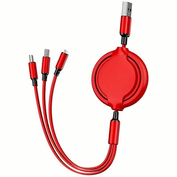 3-i-1 Retraktil Laddningskabel [3A, 1m] Multi USB-kabel Snabbladdare för Telefon, Samsung, iPad, Surfplattor, Switch och Mer Red