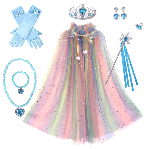 Prinsesse Tyll Kappe med Krone Halskjede Armbånd Tryllestav Prinsesse Kle Deg Ut Klær for Små Jenter Småbarn Multicolour+Blue Jewelry S(65CM)