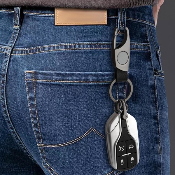 Karabinhage nøglering, nøgleringe til bilnøgle med 2 nøgleringe og anti-tabt D-ring, multifunktionelle lædernøgleringe til mænd og kvinder – grå (sort læder) Grey Black Leather