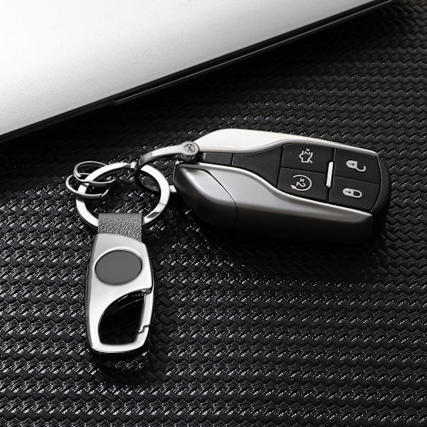 Karabinhage nøglering, nøgleringe til bilnøgle med 2 nøgleringe og anti-tabt D-ring, multifunktionelle nøgleringe til mænd og kvinder-sølv (gråt læder) Silver Grey Leather