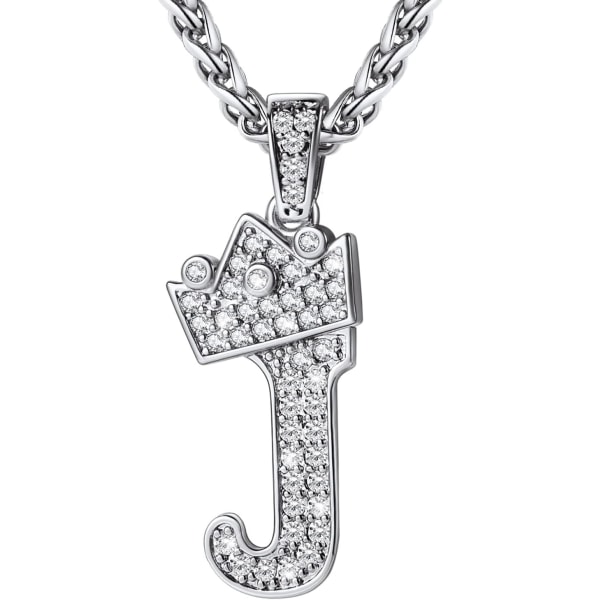 Krona Initial A-Z Halsband, Iced Out Letter Hänge med 22-24 Tums Kedja, Män Kvinnor Bling Hip Hop Alfabet Namn Smycken Present Stora Initialer Halsband J Silver