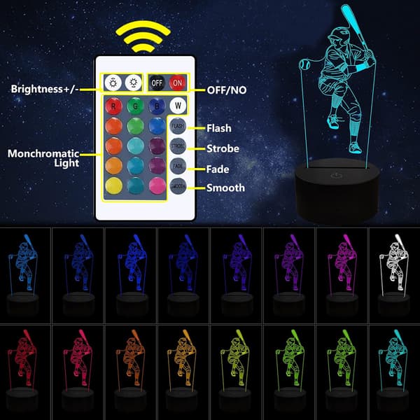 Baseball Nattlampe 3D Lampe, LED Baseball Mann Lys Soverom